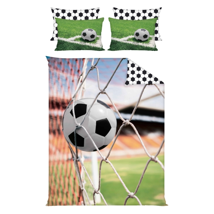 Pościel bawełniana z płótna 160- Piłka nożna, rozłożona na łóżku